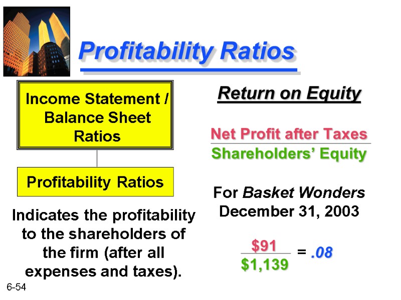 Profitability Ratios Return on Equity  Net Profit after Taxes Shareholders’ Equity  For